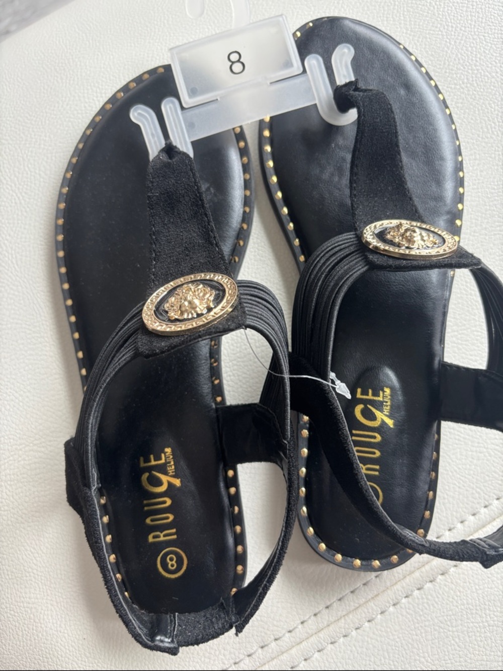 Rouge Helium Black T-Strap Sandals with Gold Medallion - Picture 2 of 3